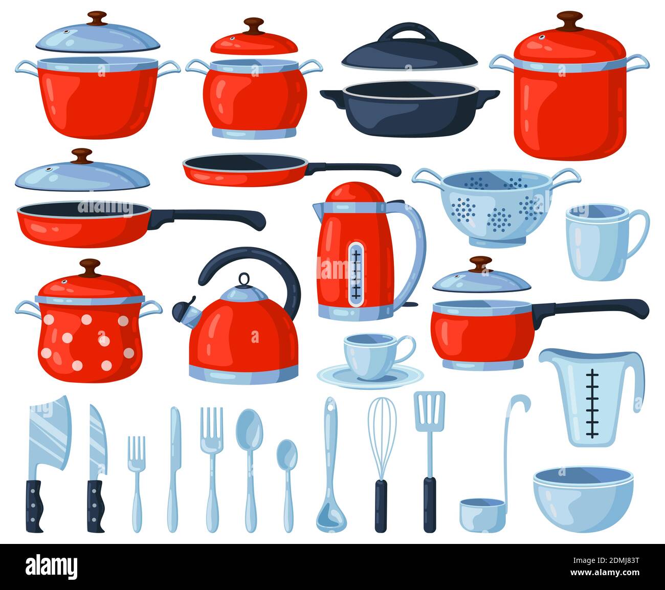 Utensili da cucina. Cucina e utensili da cucina, pentole, padella, posate, bollitore e colino. Illustrazioni vettoriali utensili da cucina Illustrazione Vettoriale
