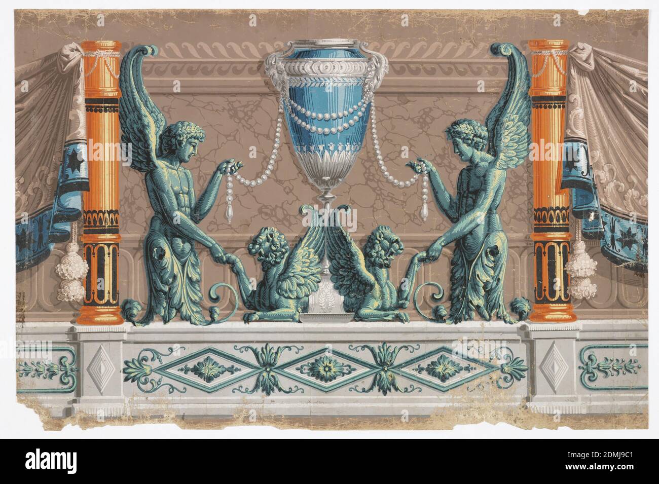 Dado, Jacquemart & Bénard, Francia, Pierre Jacquemart, Eugene Benard, blocco stampato su carta fatta a mano, vaso al centro, da cui sono sospesi corde di perle. Due termini alati su entrambi i lati prendere le estremità delle corde di perla e con le loro mani afferrare le zampe di due griffins adorsed seduti alla base del vaso. Colonne e tendaggi su entrambi i lati. Stampato in tonalità di malva, turchese, blu, rosa, taupe, marrone, giallo, arancione, nero e bianco., Parigi, Francia, 1790, Wallcoverings, dado Foto Stock