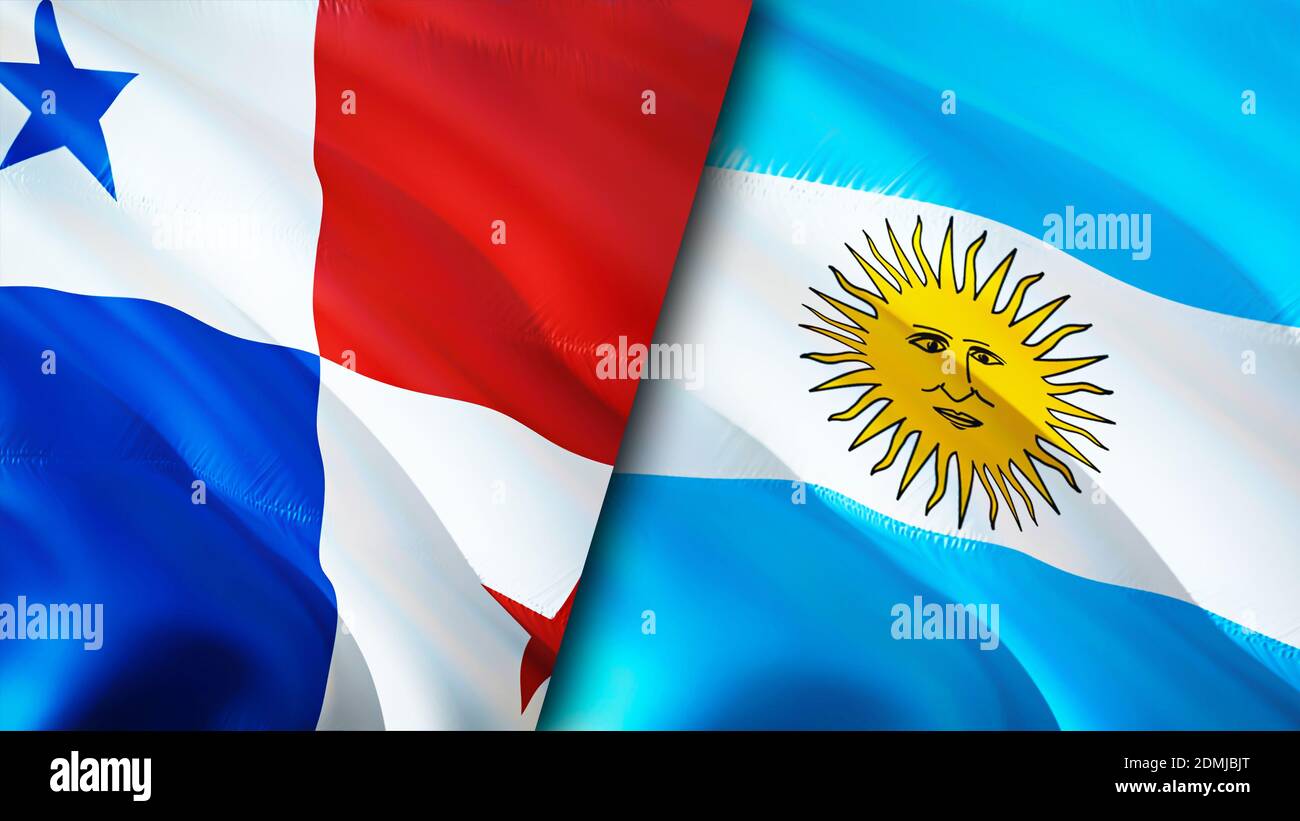 Bandiere di Panama e Argentina. Progettazione di bandiere ondulate 3D. Panama Argentina bandiera, foto, sfondo. Immagine Panama vs Argentina, rendering 3D. Panama Argentina Foto Stock