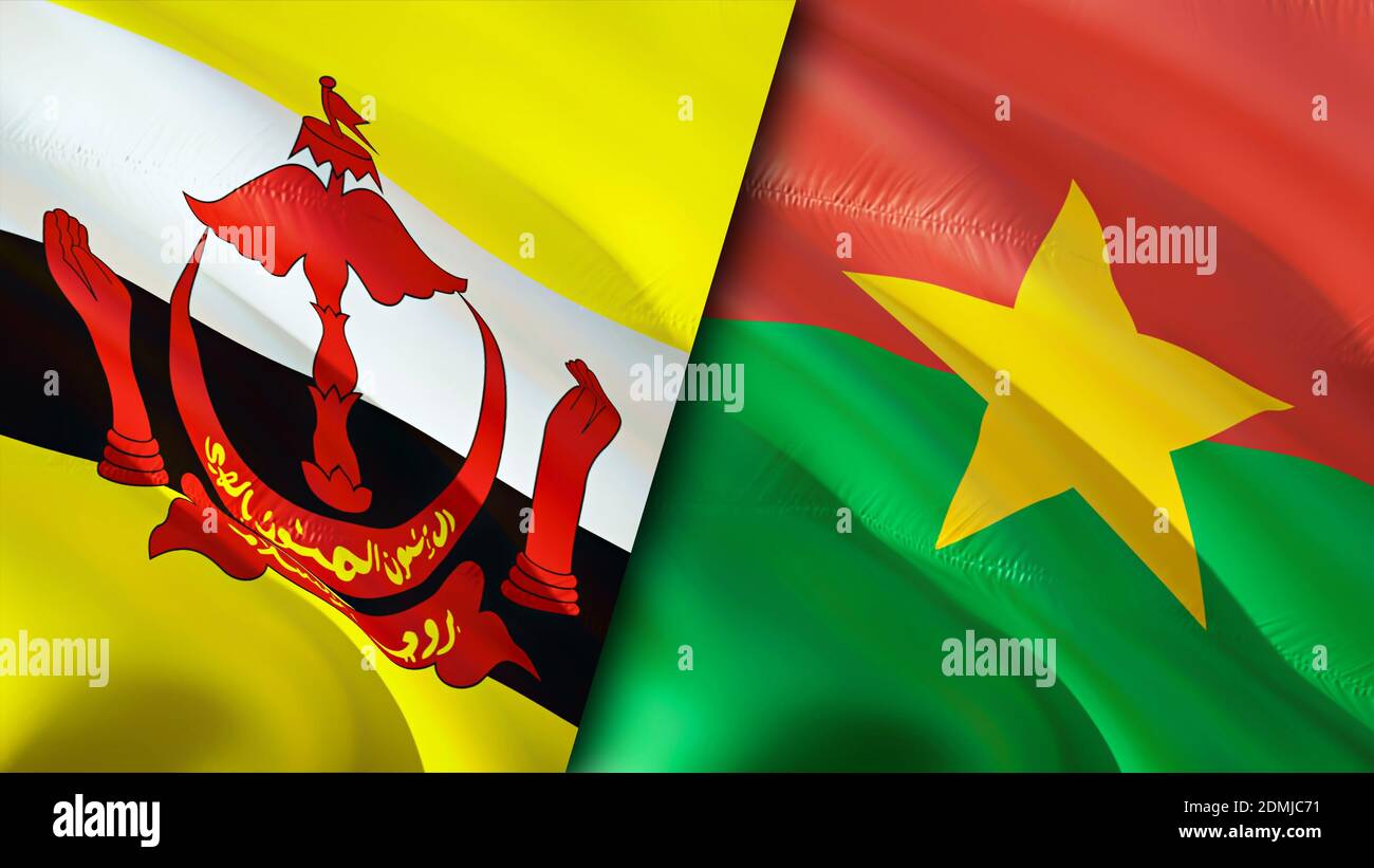 Bandiere del Brunei e del Burkina Faso. Progettazione di bandiere ondulate 3D. Brunei Burkina Faso bandiera, foto, sfondo. Immagine Brunei vs Burkina Faso, rendering 3D. Brunei Foto Stock