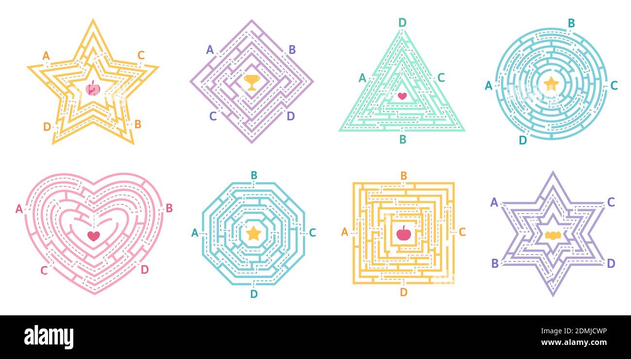 Gioco di labirinto. Labirinto gioco educativo per i bambini, trovare ingresso e uscita, arcade labirinto contamburo. Set di illustrazioni vettoriali gioco labirinto bambini Illustrazione Vettoriale