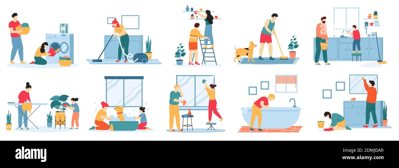 Pulizia della casa. La gente lavora a casa, aspira moquette, piatti di lavaggio, stiratura e lavanderia. Set di illustrazioni vettoriali per attività di pulizia Illustrazione Vettoriale