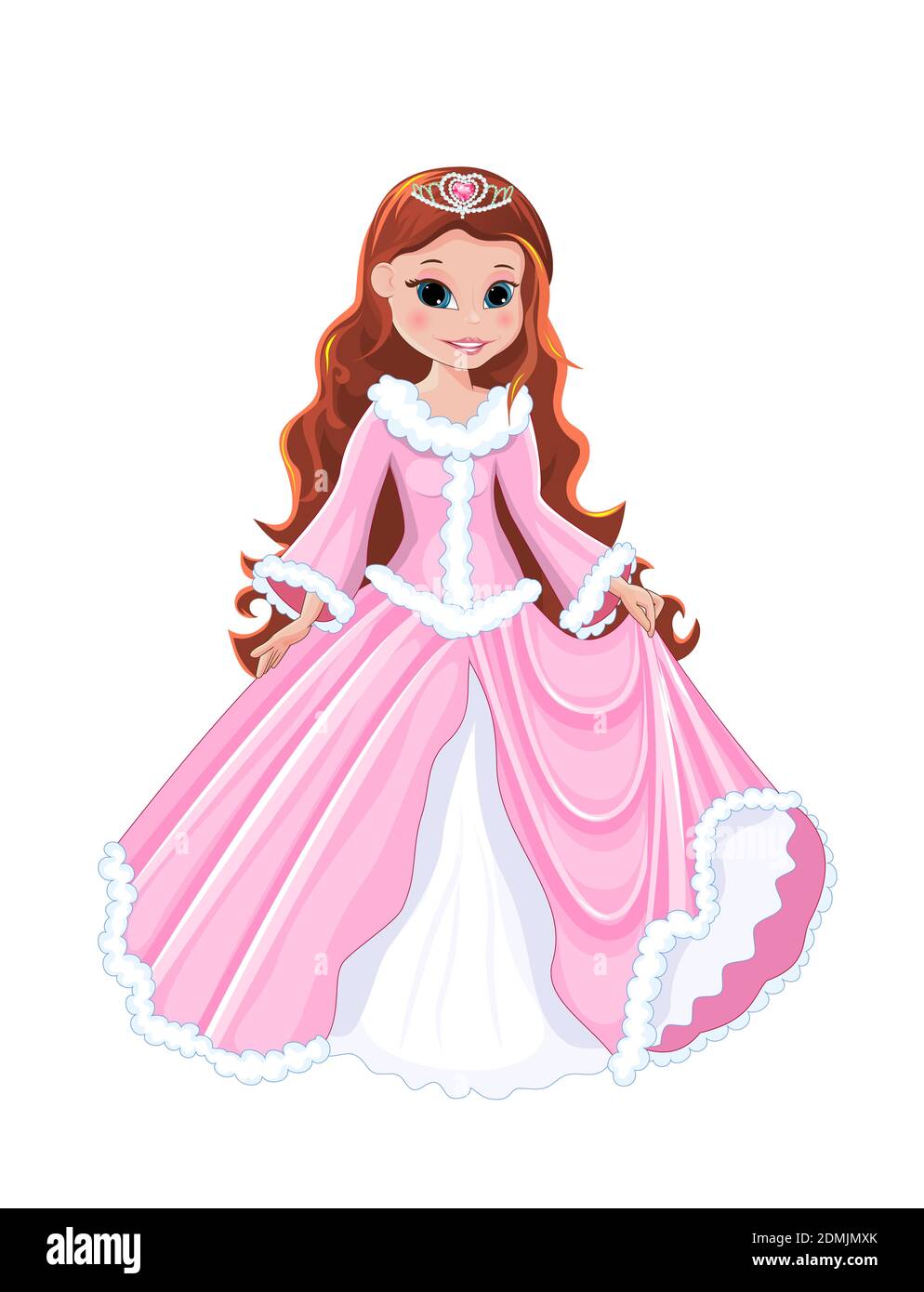 Bambina in un abito rosa su sfondo bianco. Principessa con un diadema nei capelli. Illustrazione Vettoriale