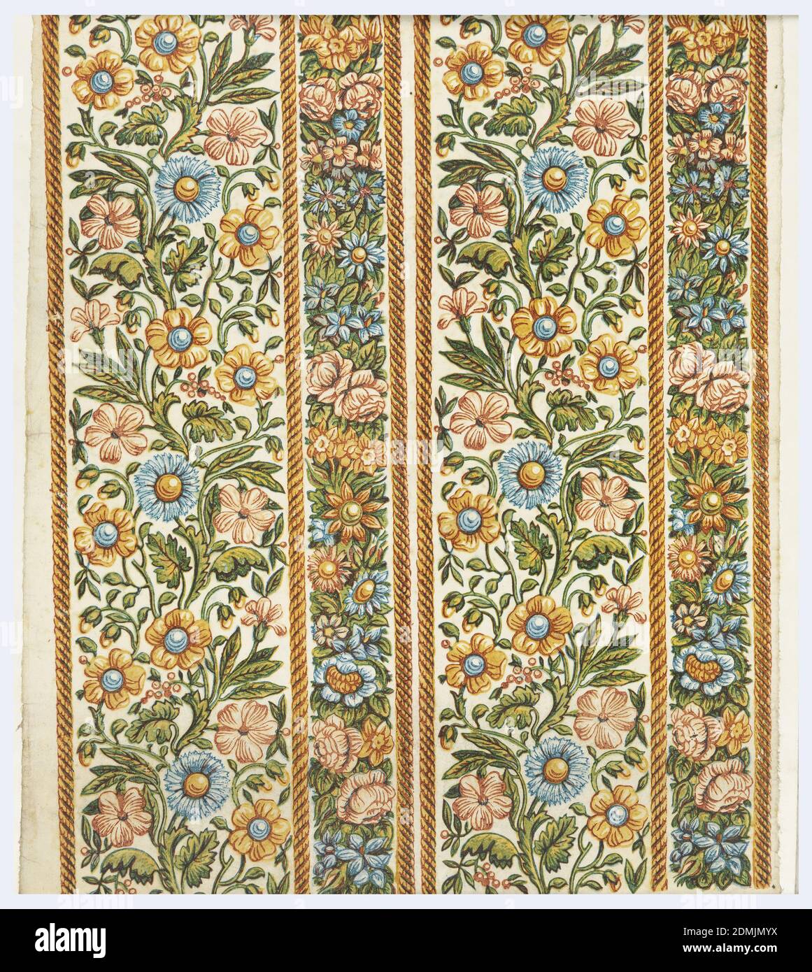 Bordo, stampato a blocchi, bordo floreale stampato su due punti. Stampato a colori su carta color crema, probabilmente Italia, 1800–1825, Wallcoverings, Border Foto Stock