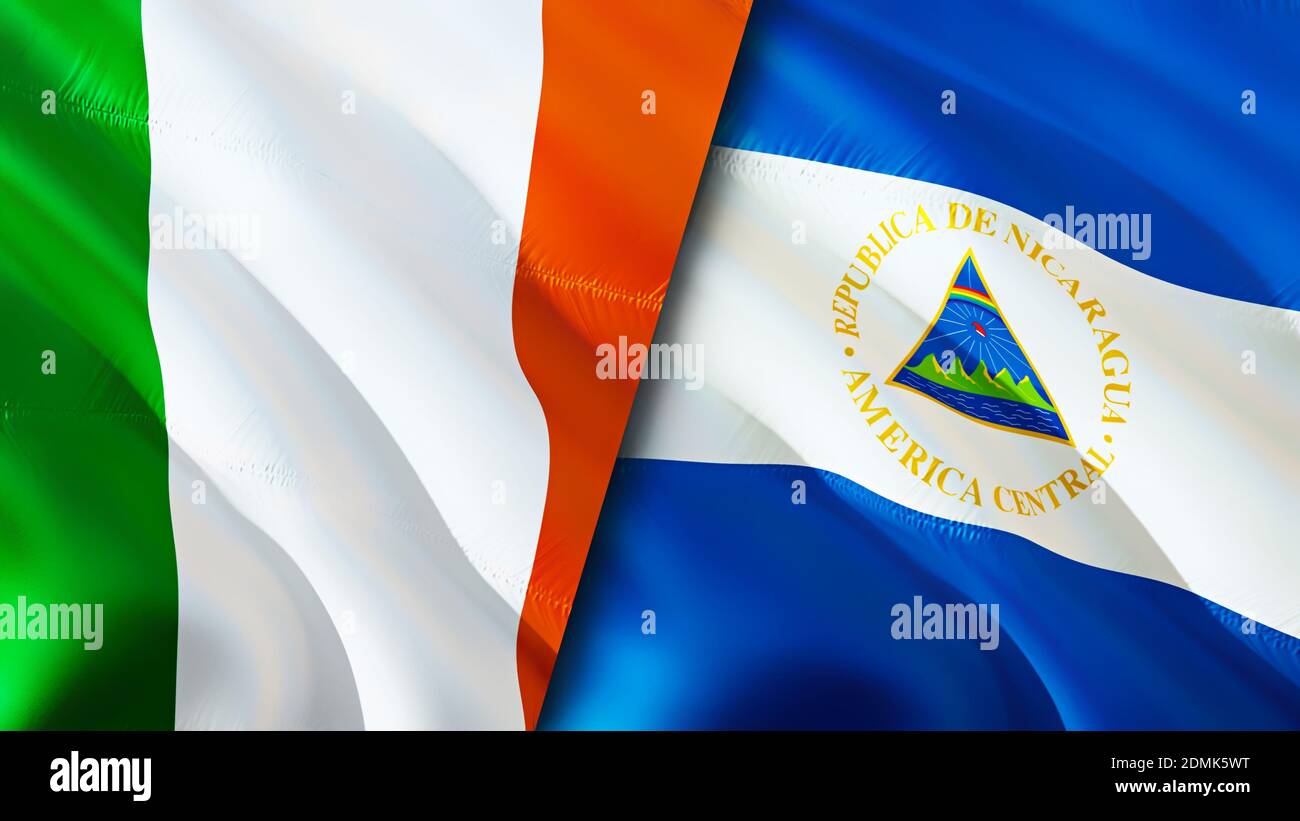 Bandiere dell'Irlanda e del Nicaragua. Progettazione di bandiere ondulate 3D. Irlanda Nicaragua bandiera, foto, sfondo. Immagine Irlanda vs Nicaragua,rendering 3D. Irlanda Nicar Foto Stock
