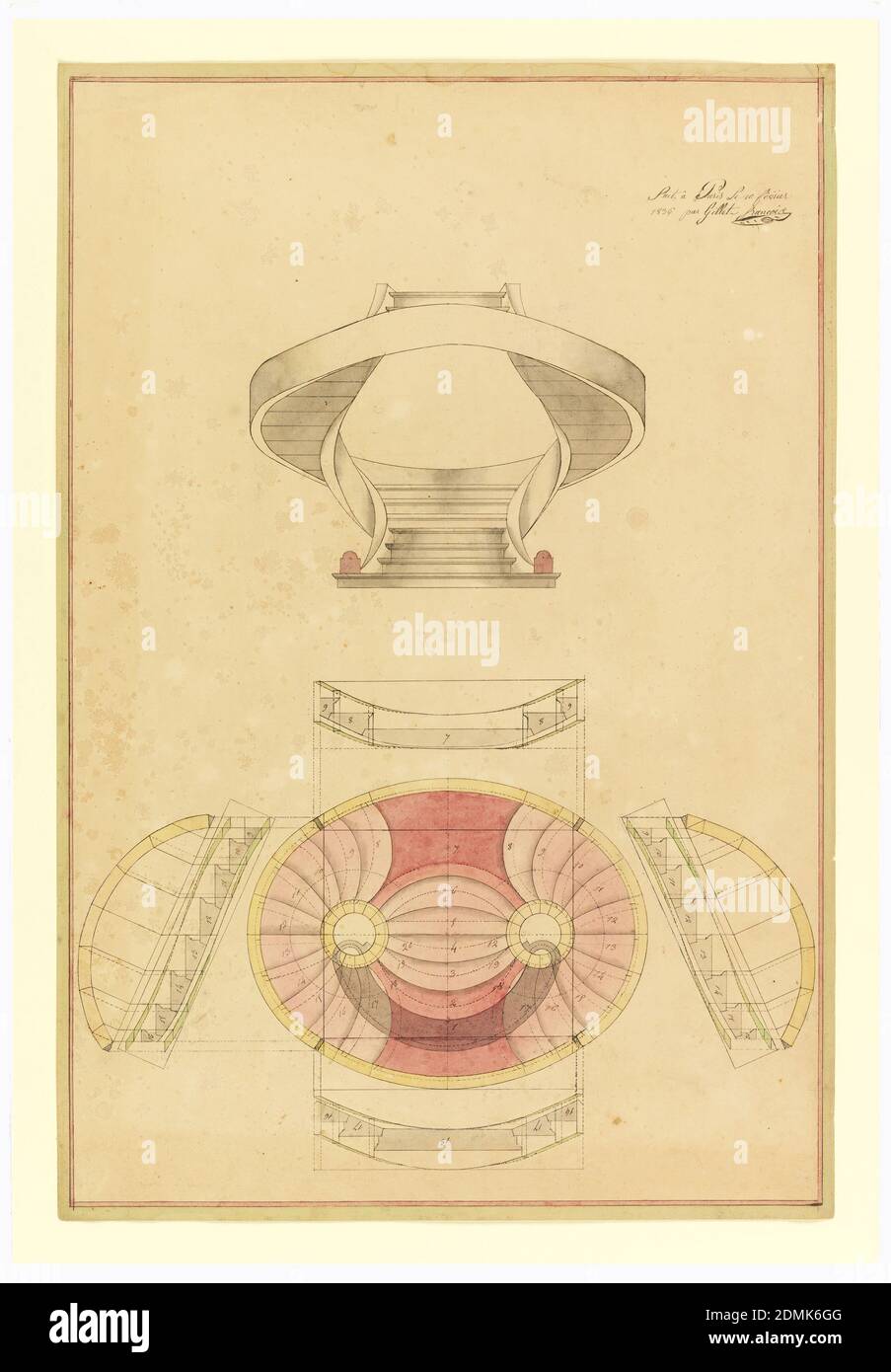 Elevazione e piano per una scala modello in stile inglese, Françoise Gillet, francese, attivo 1830, penna e inchiostro nero, pennello e acquerello rosa, giallo e grigio su carta crema wove, elevazione in sezione (sopra) e piano (sotto) per una scala a chiocciola in stile inglese a venti passi. Inizia come un singolo volo, quindi si divide in due sezioni curve prima di ricongiungersi per formare un singolo volo in alto. Annotazioni numerate su ogni passo., Parigi, Francia, 1836, architettura, interni, disegno Foto Stock