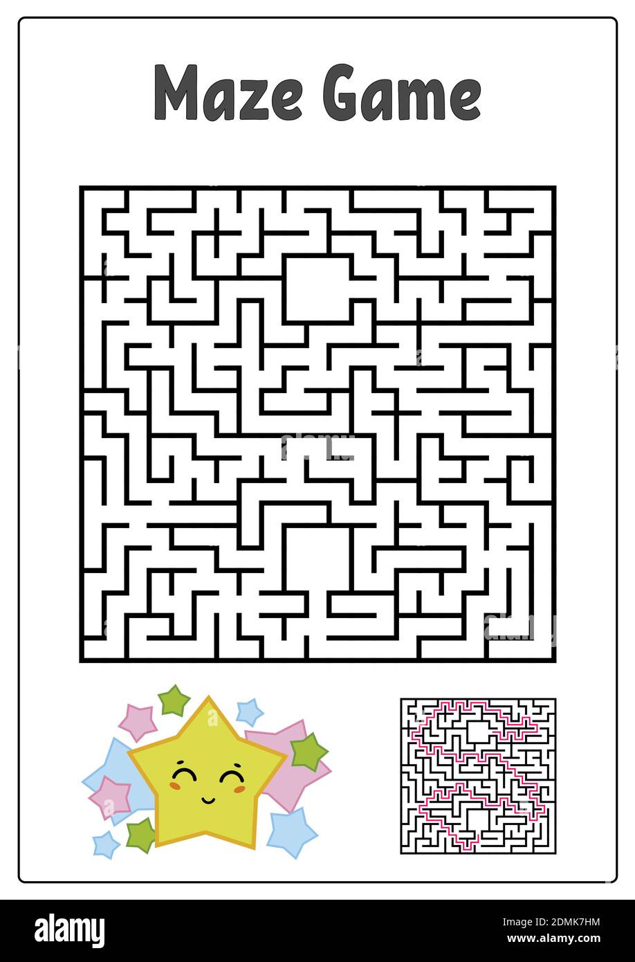 Labirinto quadrato astratto. Fogli di lavoro per bambini. Puzzle di gioco per bambini. Stella divertente e fungo su sfondo bianco. Un ingresso, un'uscita. Labirinto con Illustrazione Vettoriale