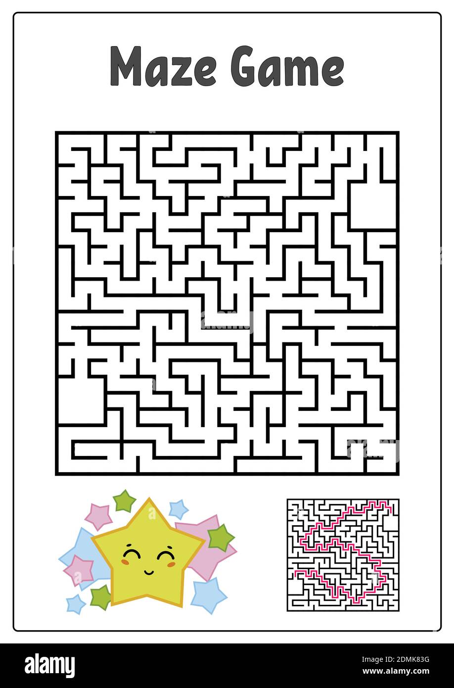 Labirinto quadrato astratto. Fogli di lavoro per bambini. Puzzle di gioco per bambini. Stella divertente e fungo su sfondo bianco. Un ingresso, un'uscita. Labirinto con Illustrazione Vettoriale