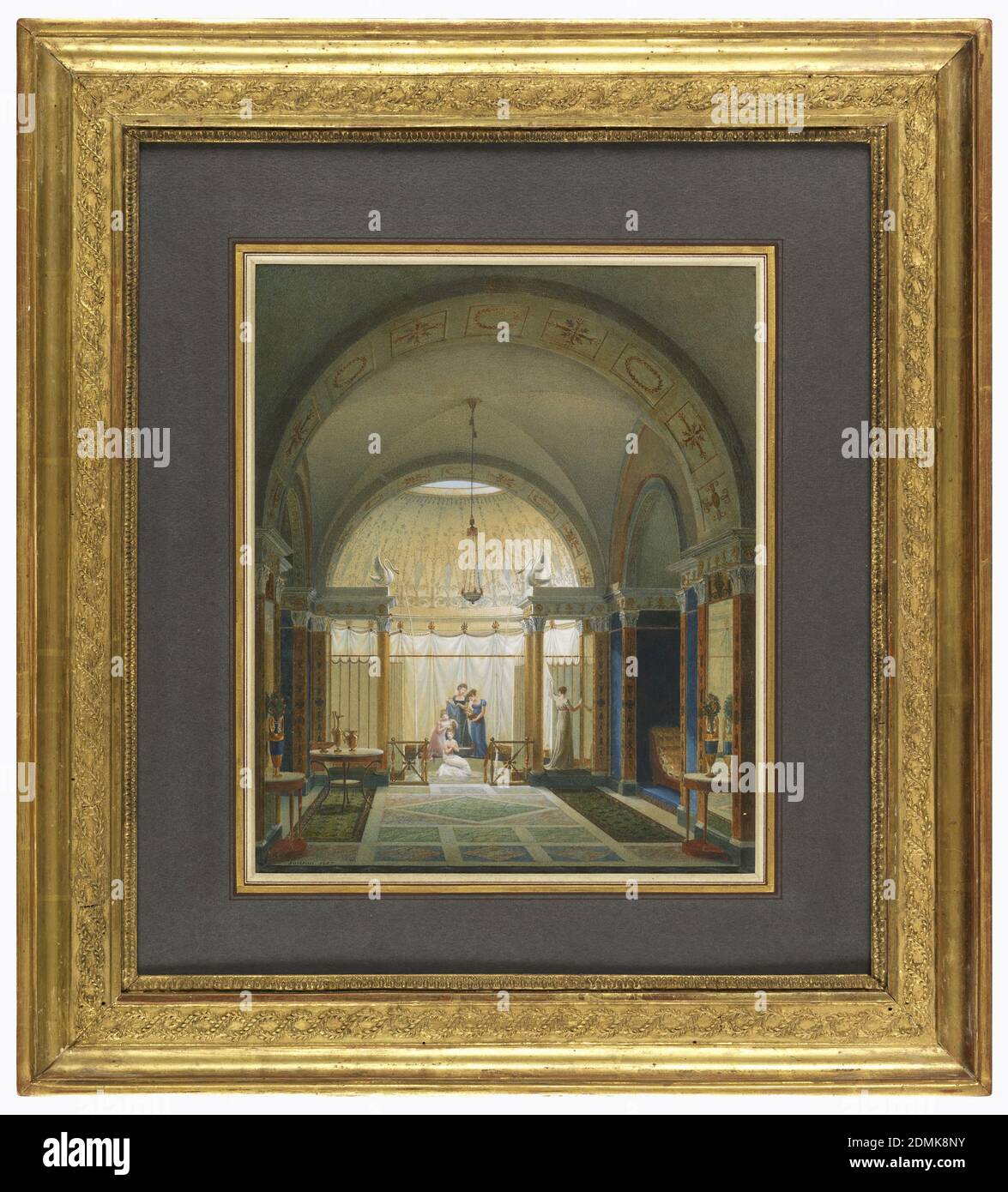 Bagno e interni Boudoir, Jean-Claude Rumeau, francese, attivo 1806 - 1823, penna e inchiostro nero, pennello e acquerello, gouache, vernice, grafite su carta biancastra, in primo piano, un boudoir con soffitto a volta decorato negli archi con corone e bulloni alternati. Un lampadario è sospeso dal centro del soffitto. Pavimento in marmo con motivi geometrici in verde tenue, blu e rosa è coperto su entrambi i lati della camera da lunghi tappeti fioriti. I tavoli da console di fronte agli specchi del molo contengono porcellane in stile etrusco e vasi dorati con bouquet. Foto Stock