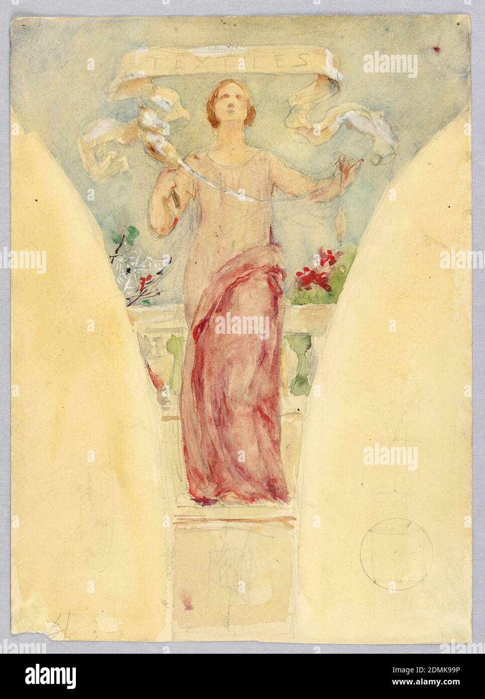 Personificazione di 'tessili', Studio per la cupola dell'edificio del produttore, World's Columbian Exposition, Chicago, il, Kenyon Cox, americano, 1856–1919, pennello e acquerello, gouache bianco, grafite su carta, Studio murale per pendentivo. Figura femminile in un abito rosa bicolore, in piedi davanti a una ringhiera e fiori, frontalmente. Contiene un mandrino e un filetto. Dietro di lei a sinistra, un ragno tesse una rete., USA, 1891, murale disegni, disegno Foto Stock