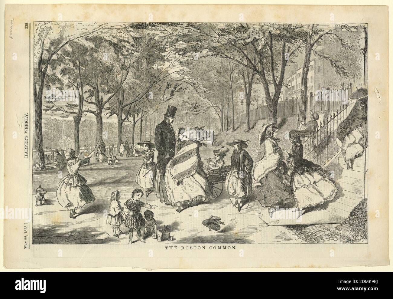 The Boston Common, Winslow Homer, americano, 1836–1910, Harper's Weekly, incisione del legno in inchiostro nero su carta, gruppi di persone sul Boston Common in una giornata ventosa, con fontana a sinistra e scale a destra. I bambini giocano con i cerchi., USA, 22 maggio 1858, figure, Stampa Foto Stock