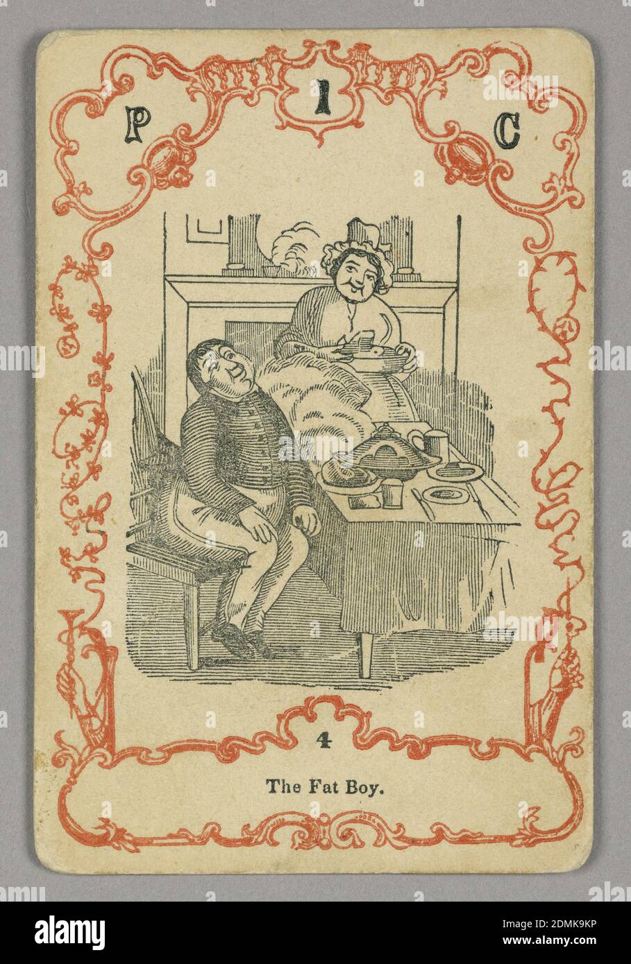 Carta da gioco, inchiostro rosso e nero, carta, in alto: N 3 N; sotto immagine centrale: 3, Europa, ca. 1855, carta da gioco Foto Stock
