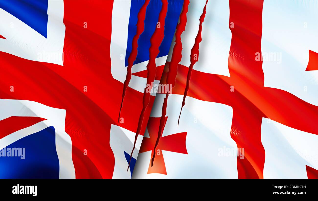 Bandiere del Regno Unito e della Georgia con concetto di cicatrice. Flag di ondulazione, rendering 3D. Concetto di conflitto tra Regno Unito e Georgia. Regno Unito Georgia rela Foto Stock