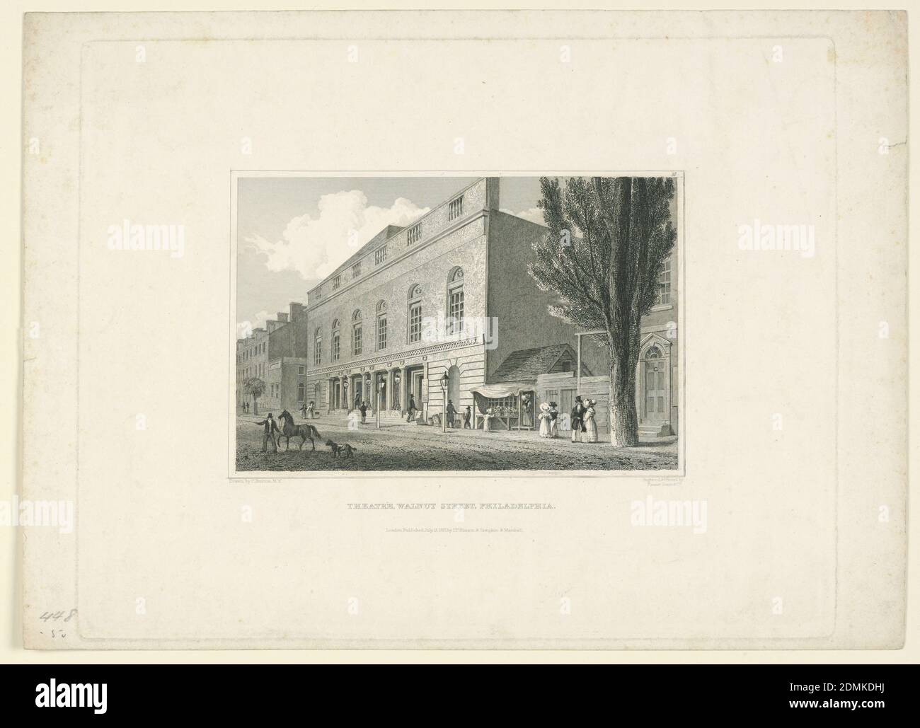 Walnut Street Theatre, Philadelphia, C. Burton, cucina americana, b. Inghilterra, attiva dal 1819 al 42, Fenner Sears & Co., I.T. Heriton & Simpkin & Marshall, incisione su carta, rettangolo orizzontale. Vista obliqua sul lato della strada con il treater. Sopra l'angolo superiore destro si trova la figura 57. Linee di framing. Didascalia: Disegnata da C. Burton N. Y. incisa + stampata da / Fenner Sears + Co. / THEATRE WALNUT STREET PHILADELPHIA / Londra pubblicata il 15 luglio 1831 da I.T. Heriton +Simpkin + Marshall., Europa e Stati Uniti, Londra, Inghilterra, 1831, teatro, Stampa Foto Stock
