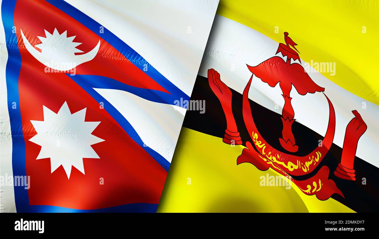 Bandiere del Nepal e del Brunei. Progettazione di bandiere ondulate 3D. Nepal Brunei bandiera, foto, sfondo. Immagine Nepal vs Brunei, rendering 3D. Nepal Brunei relazioni allia Foto Stock