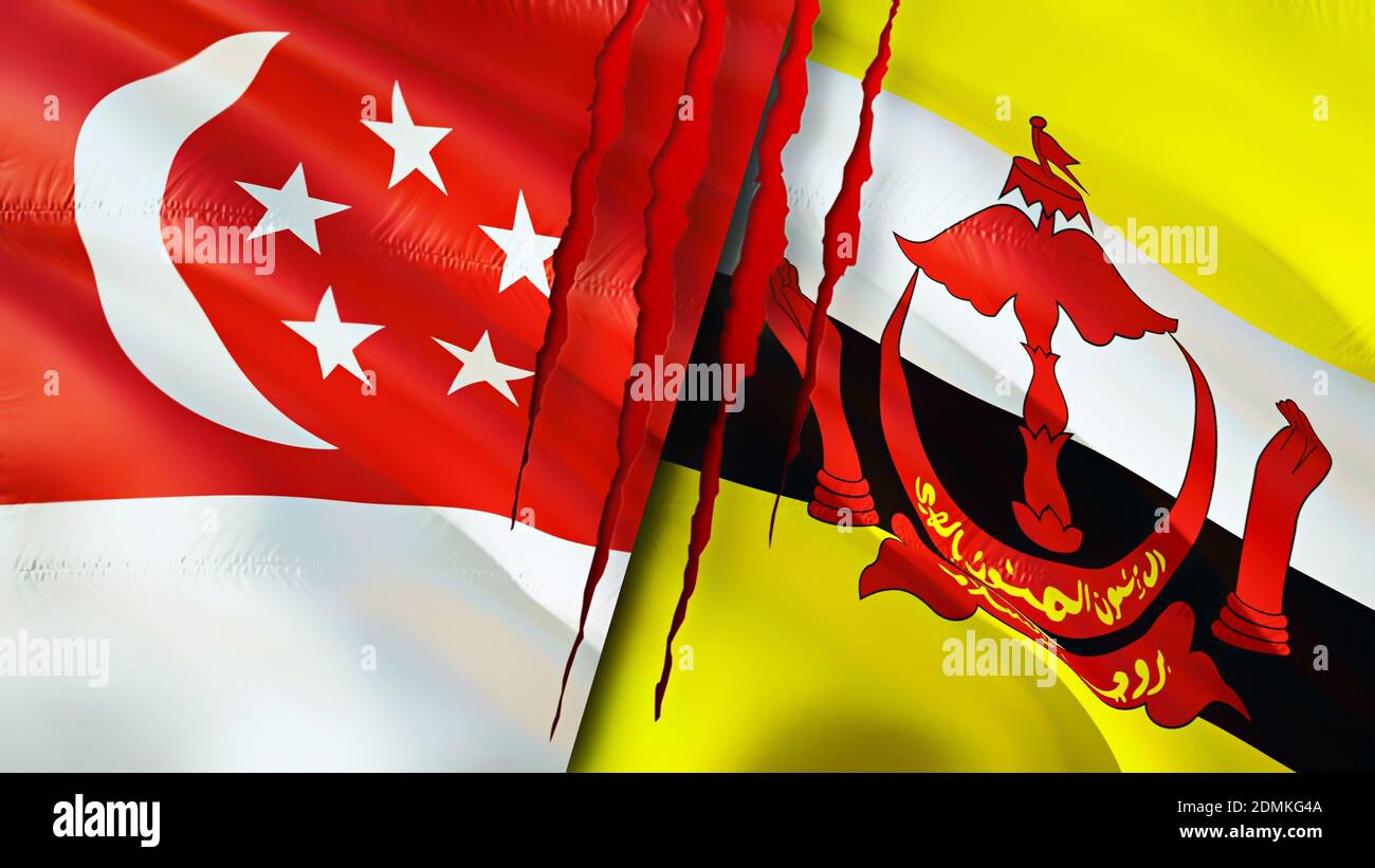 Singapore e Brunei bandiere con concetto di cicatrice. Flag di ondulazione, rendering 3D. Singapore e Brunei concetto di conflitto. Singapore Brunei Relations Concept. fla Foto Stock