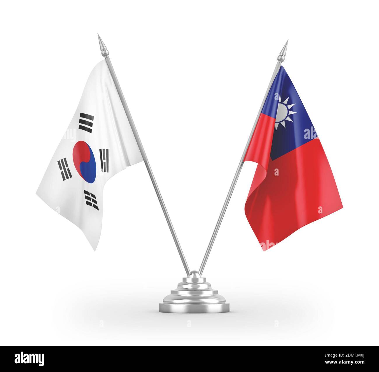 Bandiere da tavolo di Taiwan e Corea del Sud isolate su 3D bianco rendering Foto Stock