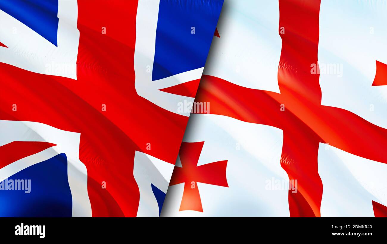 Bandiere del Regno Unito e della Georgia. Progettazione di bandiere ondulate 3D. Regno Unito Georgia bandiera, foto, sfondo. Immagine Regno Unito e Georgia, rendering 3D Foto Stock