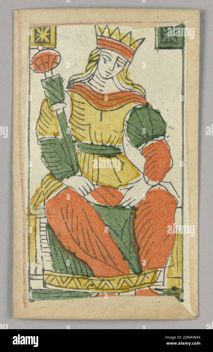 Carta da gioco Minchiate (Tarocchi), stampa a blocchi di legno colorato con stencil, parte di una serie di carte da gioco Minchiate Italiane, Firenze, Italia, XVII secolo, carta da gioco, carta da gioco Foto Stock