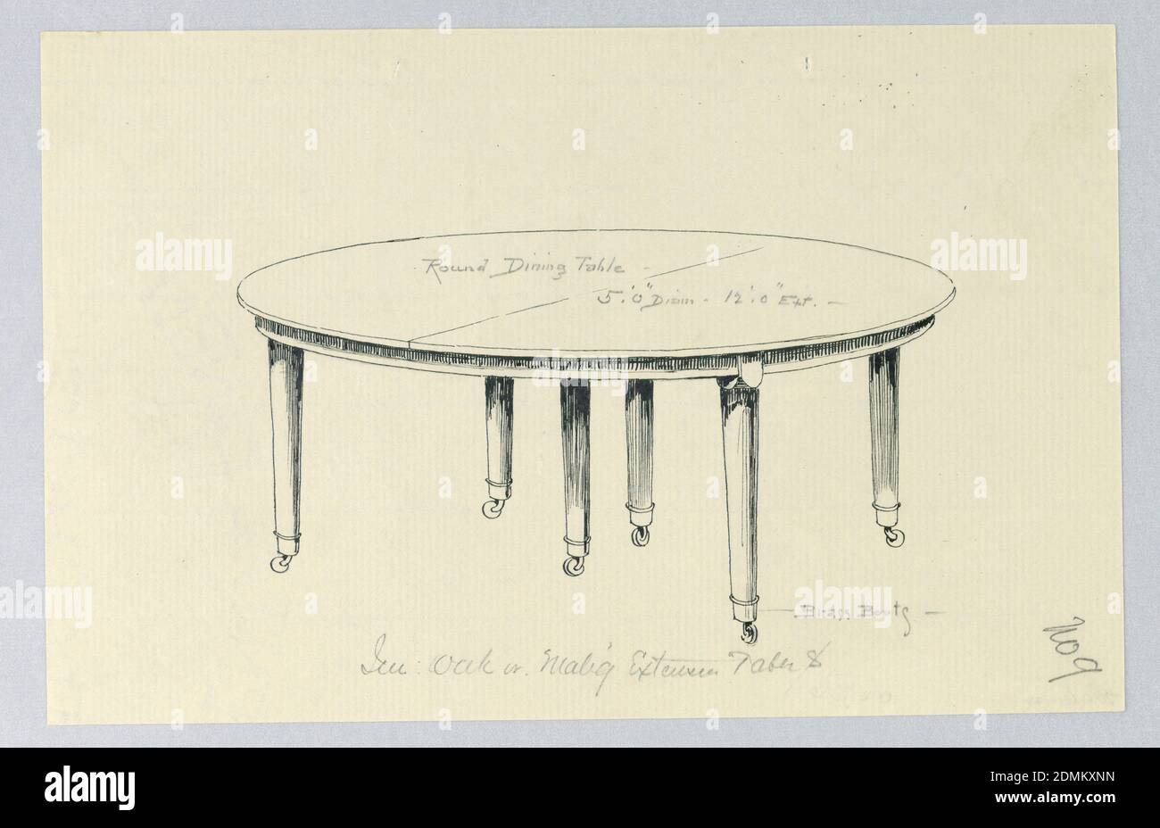 Design per tavolo da pranzo rotondo a sei zampe, A.N. Davenport Co., penna  e nero in, grafite su carta crema sottile, piano da tavolo rotondo con  barella divisoria che scorre attraverso il