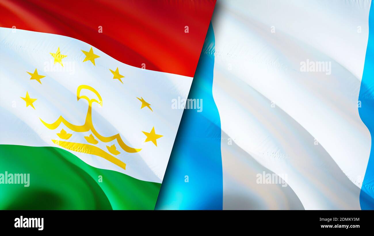 Bandiere del Tagikistan e del Guatemala. Progettazione di bandiere ondulate 3D. Tagikistan Guatemala bandiera, foto, sfondo. Immagine Tagikistan vs Guatemala,rendering 3D. Taji Foto Stock
