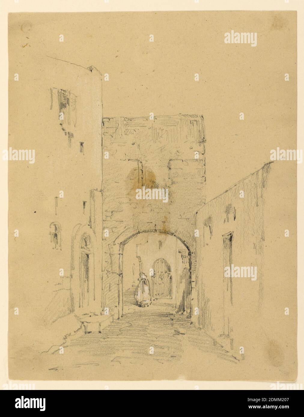 Street in Tangeri, Arnold William Brunner, americano, 1857–1925, grafite e bianco esaltante su carta crema, Figura in accappatoio sotto un arco in muratura di fronte alla strada., USA, ca. 1892, architettura, disegno Foto Stock