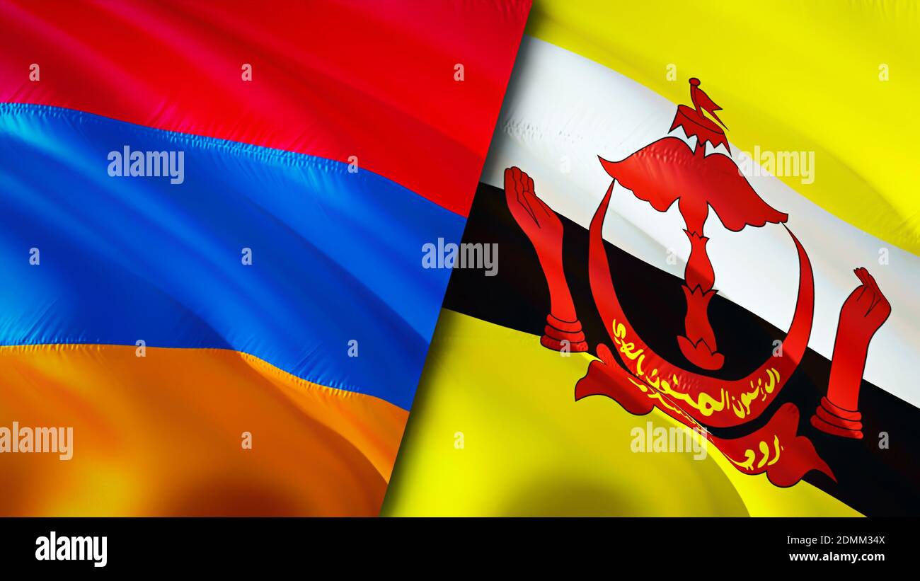 Bandiera Armenia e Brunei. Progettazione di bandiere ondulate 3D. Armenia Brunei bandiera, foto, sfondo. Immagine Armenia vs Brunei,rendering 3D. Armenia Brunei relatio Foto Stock