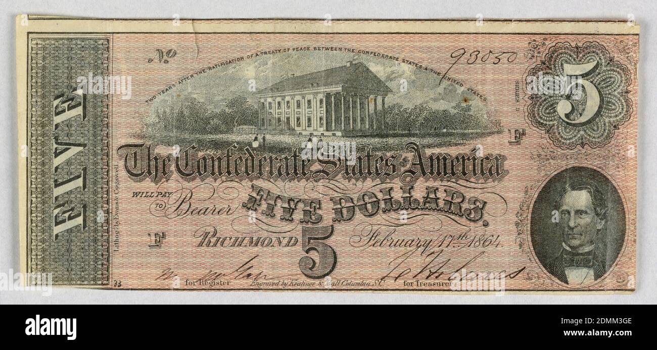 bank note, inchiostri colorati su carta, rettangolo orizzontale. Nota bancaria, cinque dollari, gli Stati confederati d'America, Richmond, numero 93050. Grande edificio in alto; ritratto medaglione di un uomo, in basso a destra., 17 febbraio 1864, nota bancaria Foto Stock