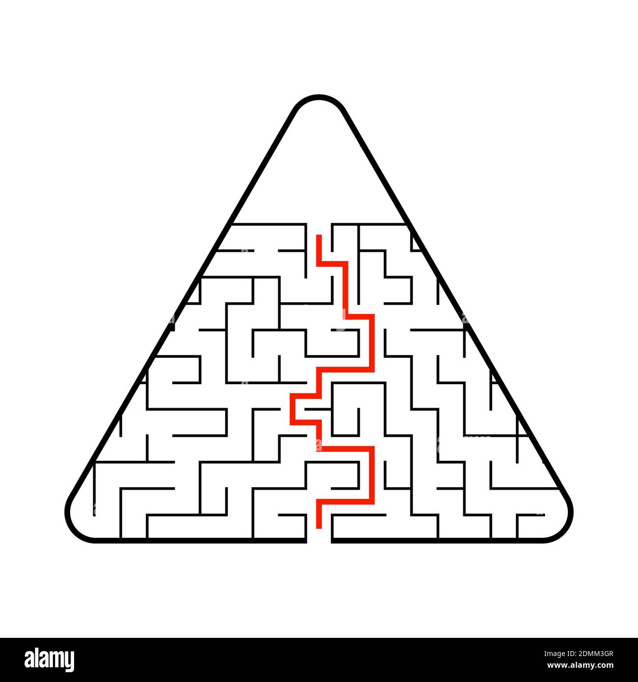 Labirinto triangolare astratto. Gioco per bambini. Puzzle per bambini. Un ingresso, un'uscita. Tamburo a labirinto. Illustrazione vettoriale piatta. Con risposta. Illustrazione Vettoriale