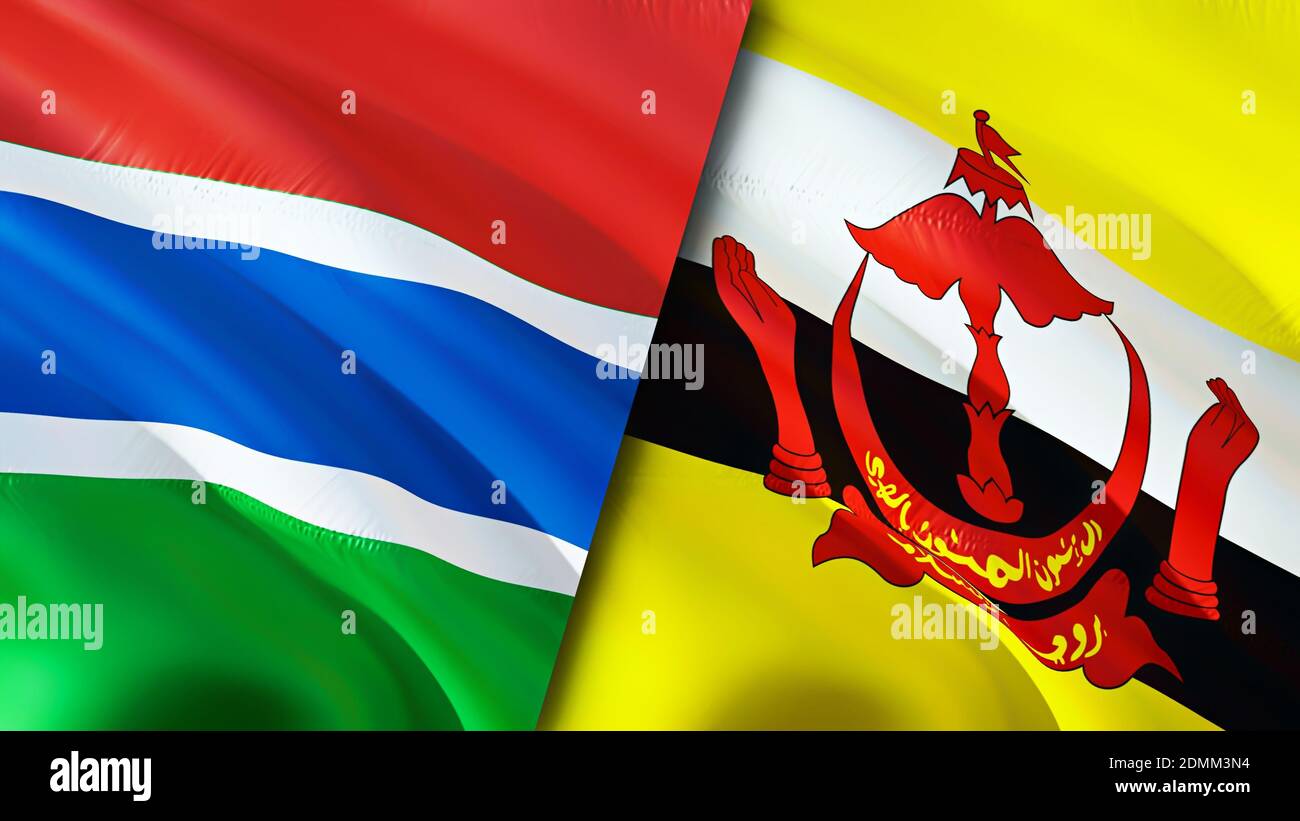 Bandiere Gambia e Brunei. Progettazione di bandiere ondulate 3D. Gambia Brunei bandiera, foto, sfondo. Immagine Gambia vs Brunei,rendering 3D. Gambia Brunei relazioni a Foto Stock