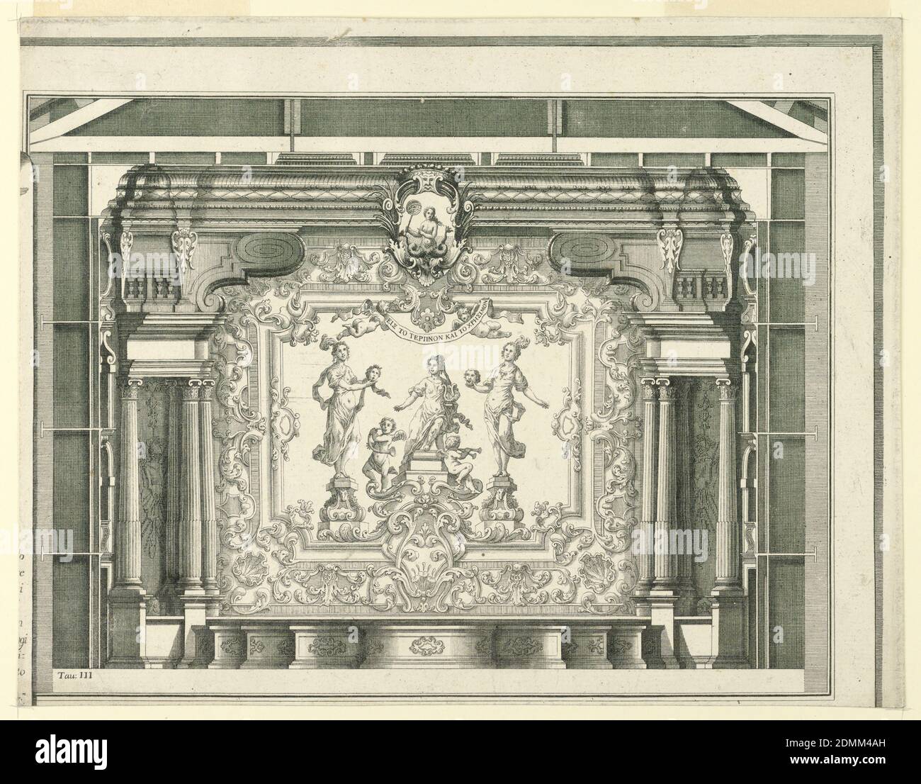Sezione trasversale, proscenio e cortina, Teatro Filarmonico, Verona, Francesco Galli Bibiena, italiano, 1659–1739, Francesco Zucchi, italiano, 1692 - 1739, Saverio Avesani, italiano, n. 1690, incisione su carta, rettangolo orizzontale. La parte superiore è simile a 1938-57-1385. Sono mostrate l'elevazione della fossa dell'orchestra, sezioni delle scatole e della parte inferiore della soffitta. A sinistra si trova il bordo destro del foglio di carta come in 1938-57-1439. Ci sono lettere alle estremità delle linee, quelle dell'ultimo bieng, 'rre;' 'tav: 111' è sotto la sezione sinistra delle caselle., Europa e USA, Verona Foto Stock