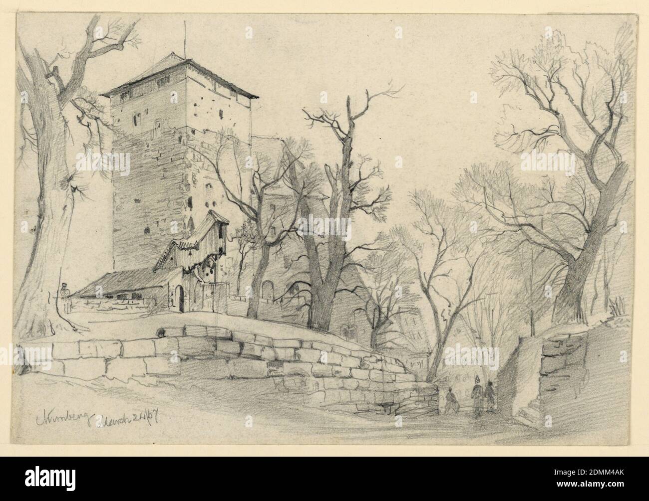 Castello di Norimberga, Germania, William Trost Richards, americano, 1833–1905, grafite su carta, disegno di una torre e di una strada con pedoni., Norimberga, Germania, 24 marzo 1867, paesaggi, disegno Foto Stock