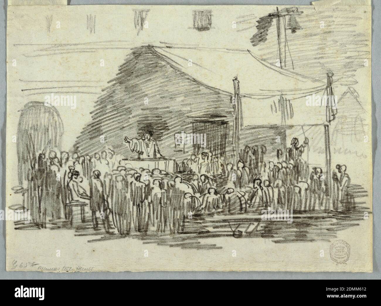 Relatore nel 16 ° secolo Attyre rivolto a una folla, Felice Giani, italiano, 1758–1823, Black Crayon su carta, UN uomo si trova su un pulpito in una piazza della città che si rivolge a un gruppo di ascoltatori., Italia, ca. 1794, paesaggi, disegno Foto Stock