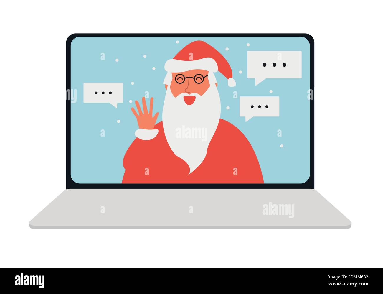 Computer portatile con videochiamata online con Babbo Natale, blocco di Natale Illustrazione Vettoriale