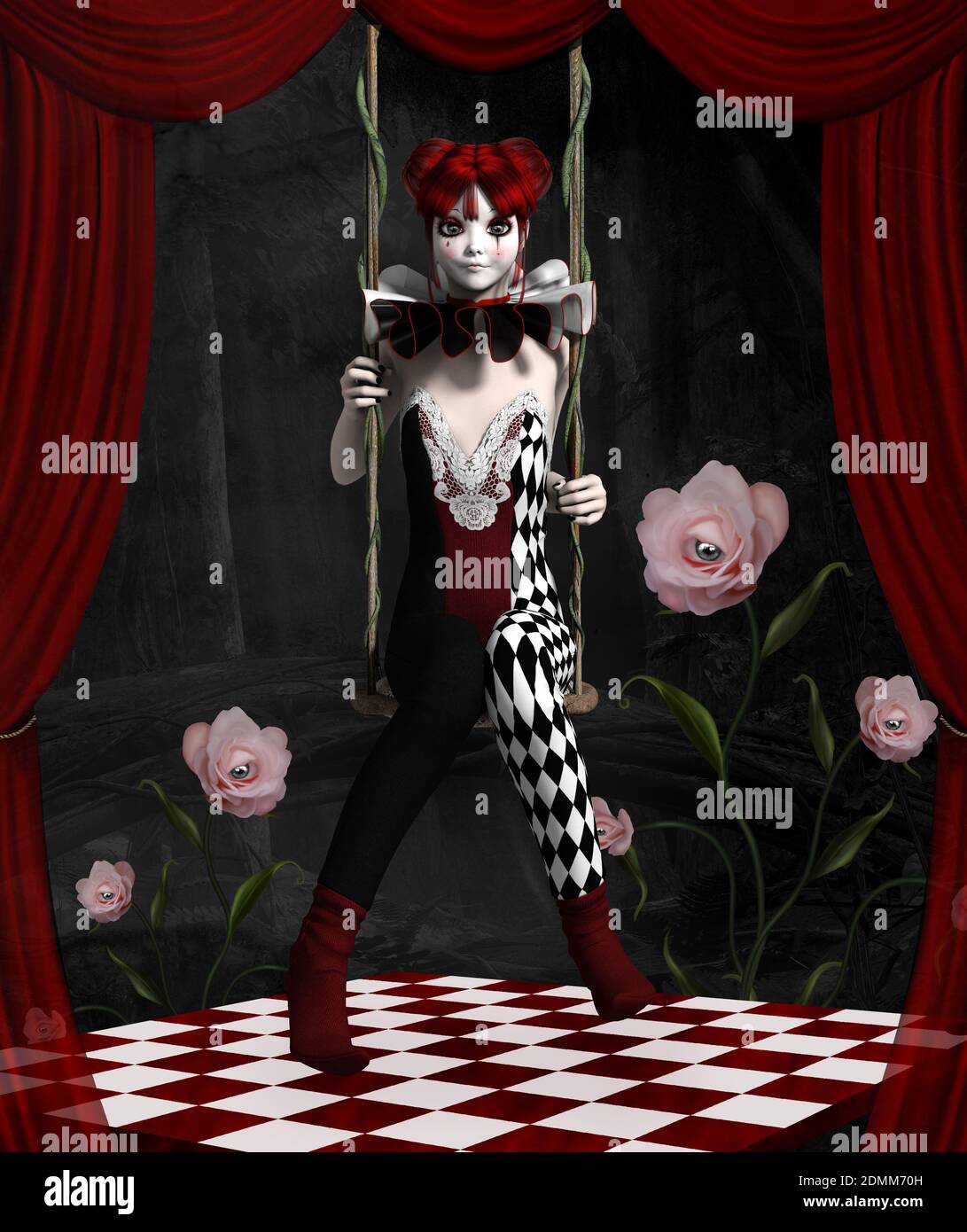 Giovane clown e rose surreali su un palcoscenico rosso Foto Stock