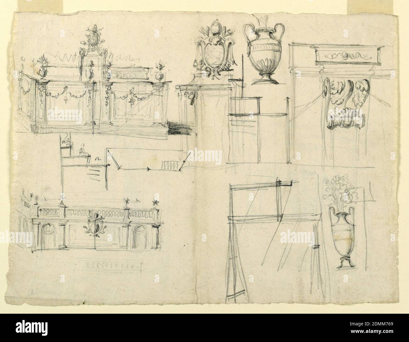 Disegni per vasi e architettura, penna e inchiostro, pennello e lavaggio su carta, viste dell'architettura dei giardini e disegni dei vasi., Italia, 1700–1800, architettura, disegno Foto Stock