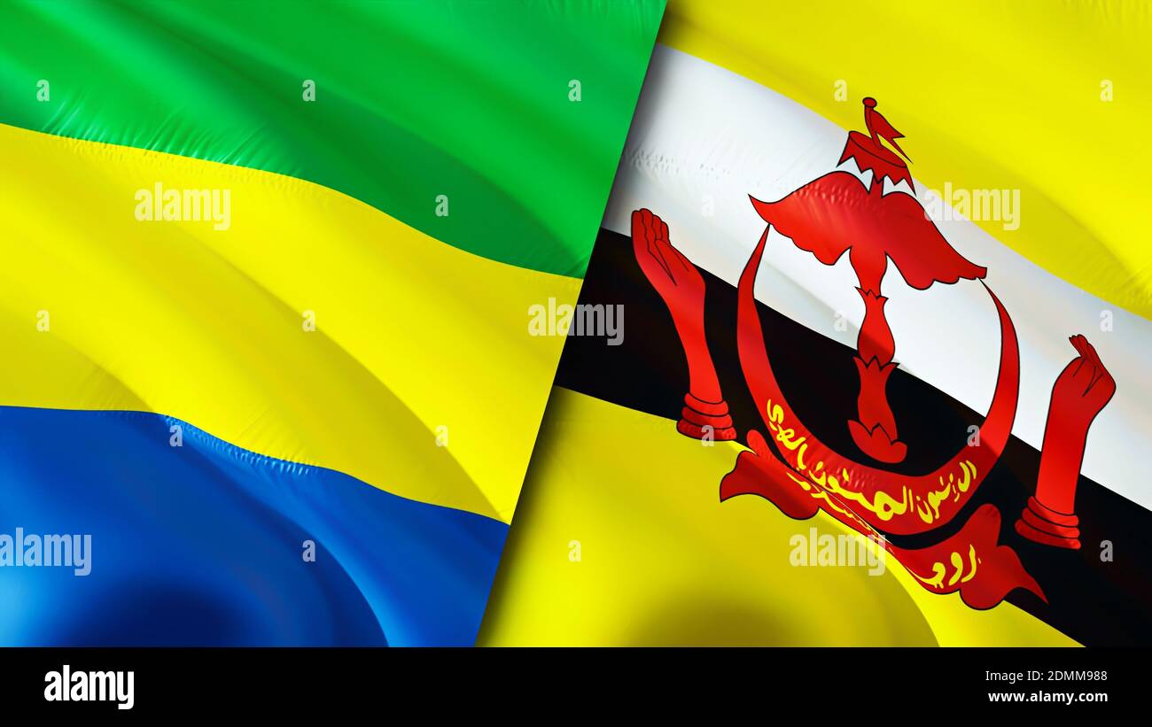 Bandiere di Gabon e Brunei. Progettazione di bandiere ondulate 3D. Gabon Brunei bandiera, foto, sfondo. Immagine Gabon vs Brunei, rendering 3D. Gabon Brunei relazioni allia Foto Stock