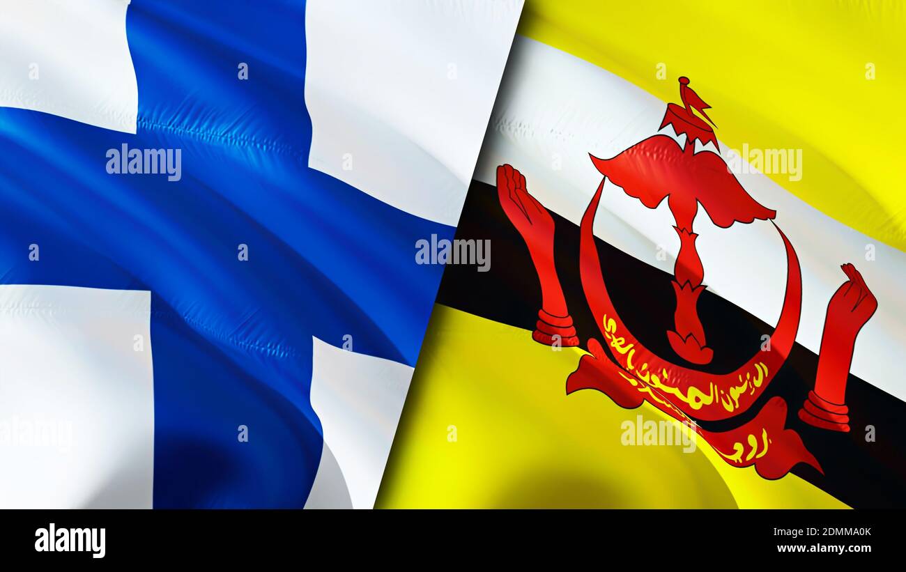 Bandiere della Finlandia e del Brunei. Progettazione di bandiere ondulate 3D. Finlandia Brunei bandiera, foto, sfondo. Immagine Finlandia vs Brunei, rendering 3D. Finlandia Brunei relatio Foto Stock