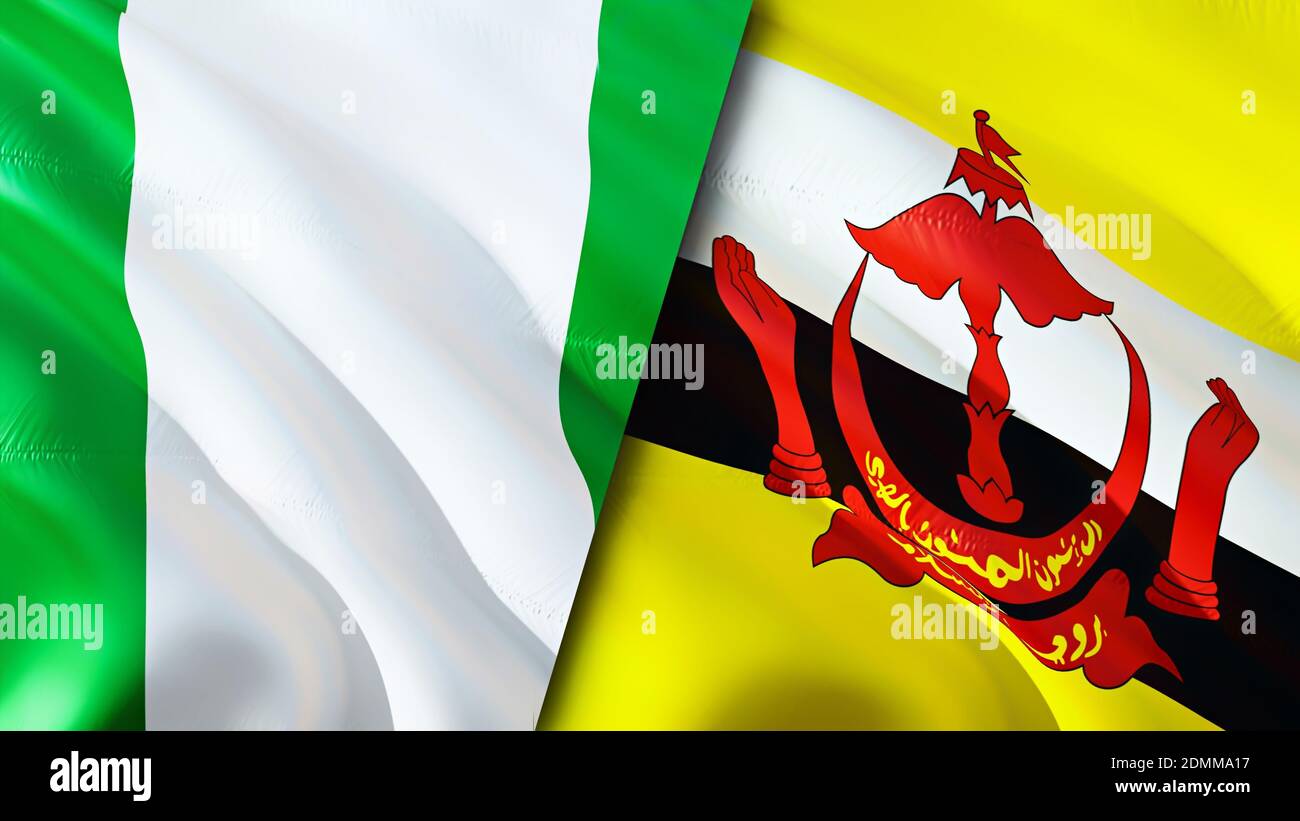 Bandiere della Nigeria e del Brunei. Progettazione di bandiere ondulate 3D. Nigeria Brunei bandiera, foto, sfondo. Immagine Nigeria vs Brunei, rendering 3D. Nigeria Brunei relatio Foto Stock