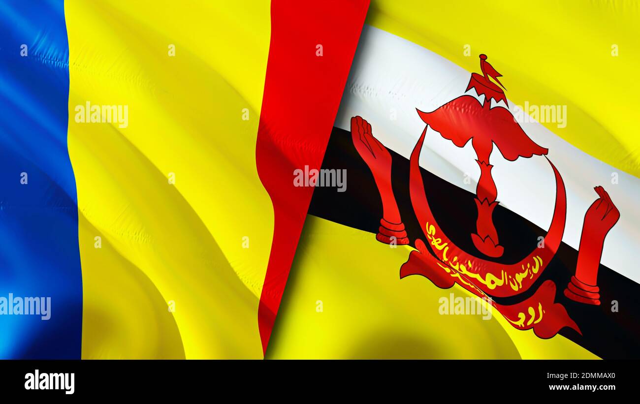 Bandiere della Romania e del Brunei. Progettazione di bandiere ondulate 3D. Romania Brunei bandiera, foto, sfondo. Immagine Romania vs Brunei,rendering 3D. Romania Brunei relatio Foto Stock