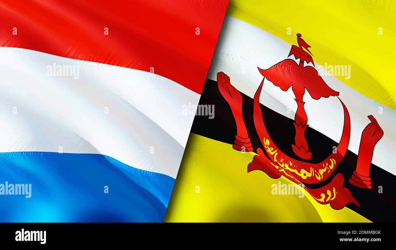 Bandiere del Lussemburgo e del Brunei. Progettazione di bandiere ondulate 3D. Lussemburgo Brunei bandiera, foto, sfondo. Immagine Luxembourg vs Brunei,rendering 3D. Lussemburgo Fr Foto Stock