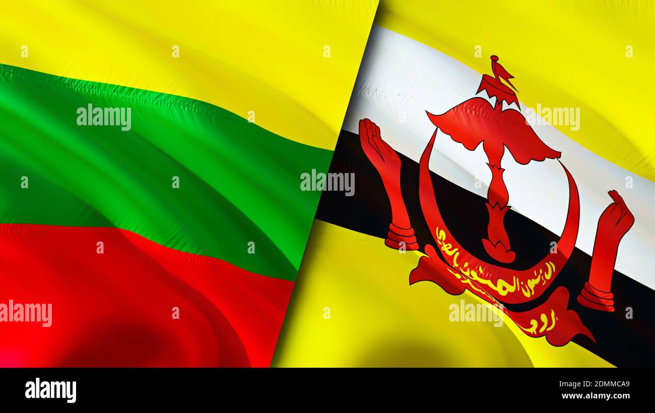 Bandiere della Lituania e del Brunei. Progettazione di bandiere ondulate 3D. Lituania Brunei bandiera, foto, sfondo. Immagine Lituania vs Brunei, rendering 3D. Lituania Brunei Foto Stock