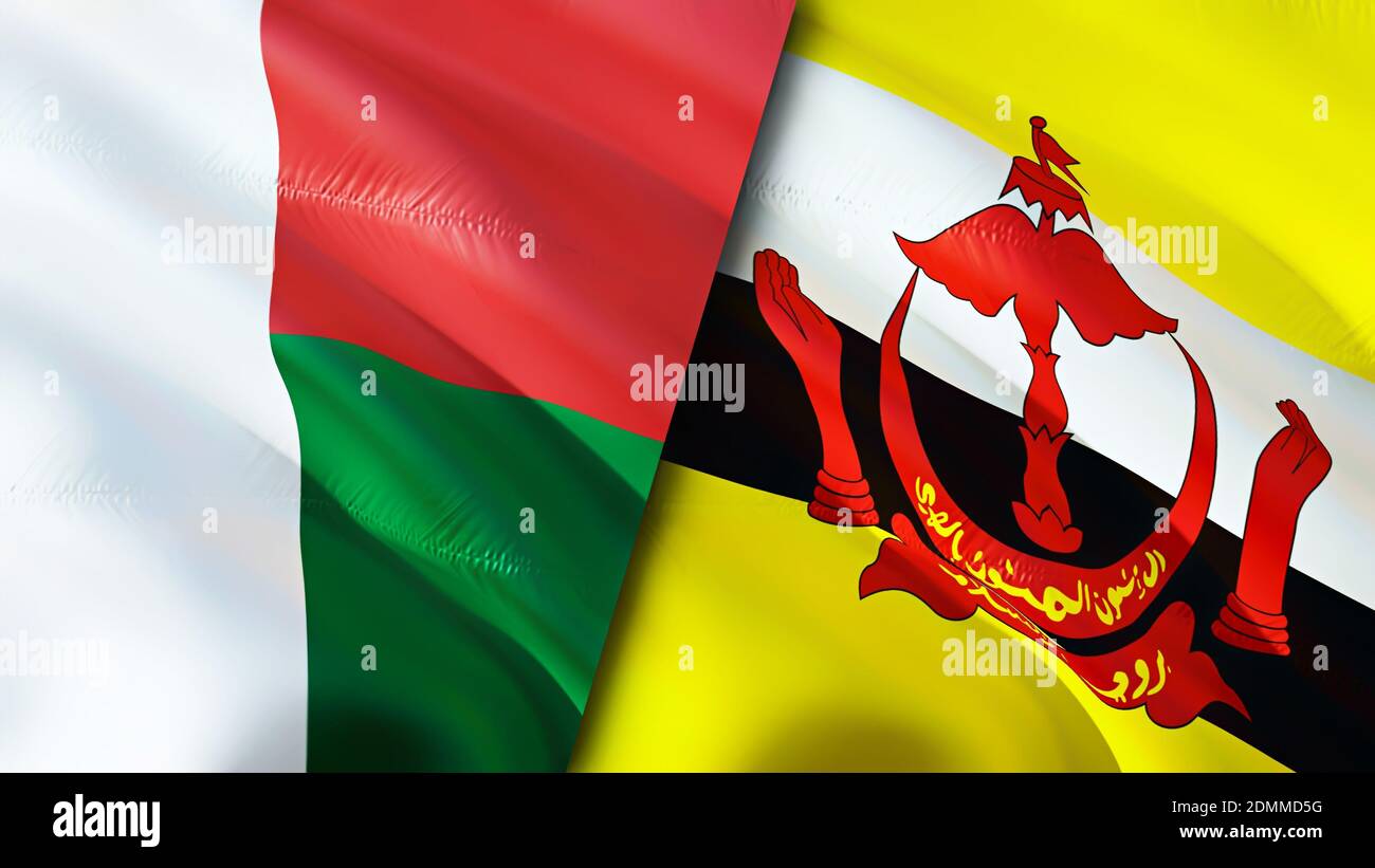 Bandiere Madagascar e Brunei. Progettazione di bandiere ondulate 3D. Madagascar Brunei bandiera, foto, sfondo. Immagine Madagascar vs Brunei, rendering 3D. Madagascar Fr Foto Stock