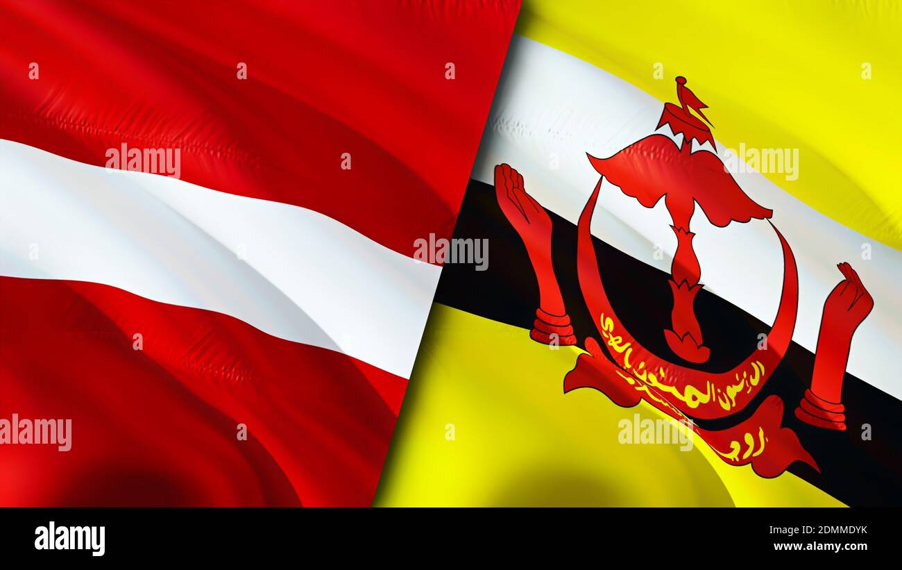 Bandiere della Lettonia e del Brunei. Progettazione di bandiere ondulate 3D. Lettonia Brunei bandiera, foto, sfondo. Immagine Lettonia vs Brunei, rendering 3D. Lettonia Brunei relazioni a Foto Stock