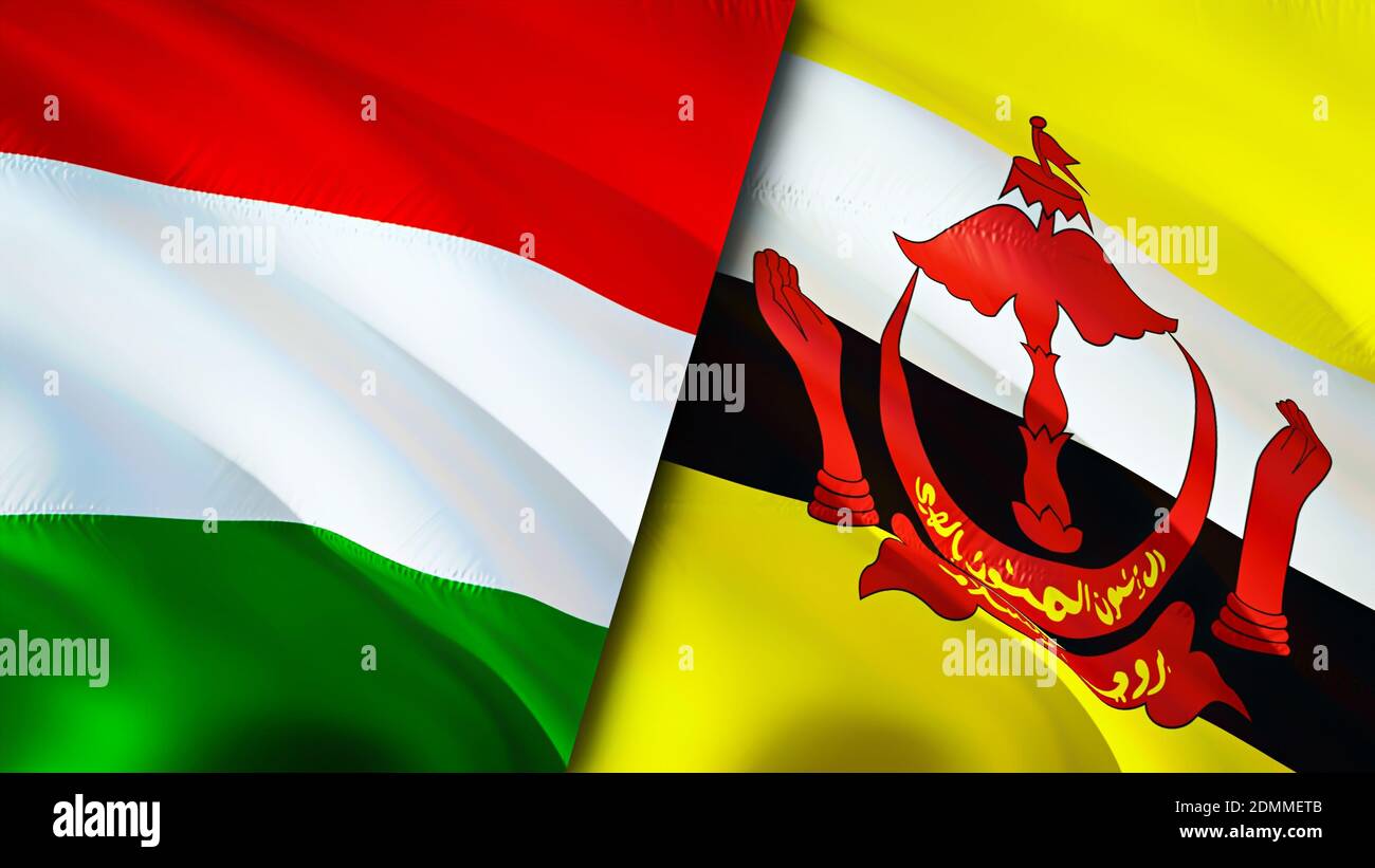 Bandiere di Ungheria e Brunei. Progettazione di bandiere ondulate 3D. Ungheria Brunei bandiera, foto, sfondo. Immagine Ungheria vs Brunei,rendering 3D. Ungheria Brunei relatio Foto Stock