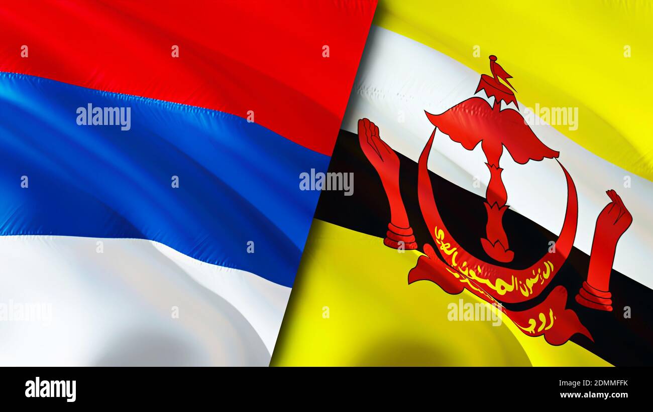 Bandiere di Serbia e Brunei. Progettazione di bandiere ondulate 3D. Serbia Brunei bandiera, foto, sfondo. Immagine Serbia vs Brunei, rendering 3D. Serbia Brunei relazioni a Foto Stock