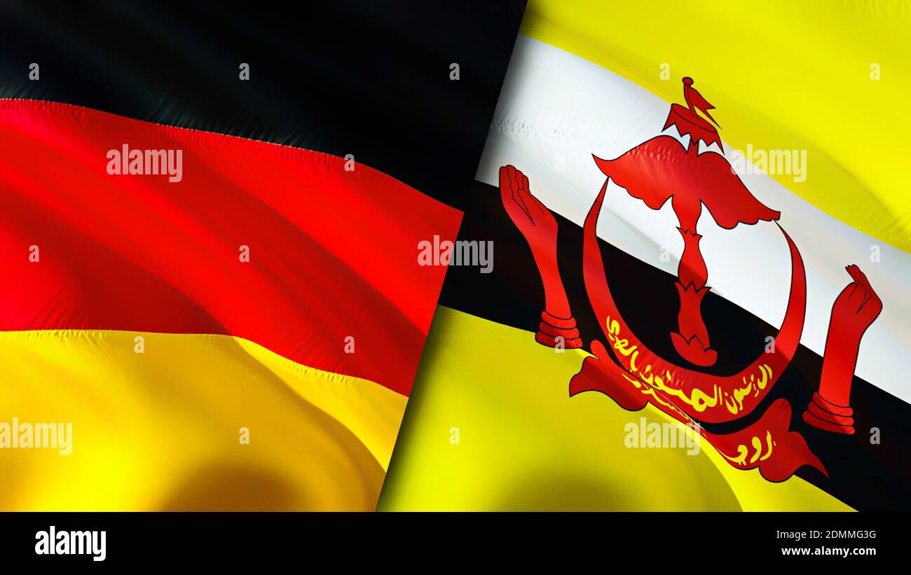 Bandiere della Germania e del Brunei. Progettazione di bandiere ondulate 3D. Germania Brunei bandiera, foto, sfondo. Germania vs Brunei immagine,3D rendering. Germania Brunei relatio Foto Stock