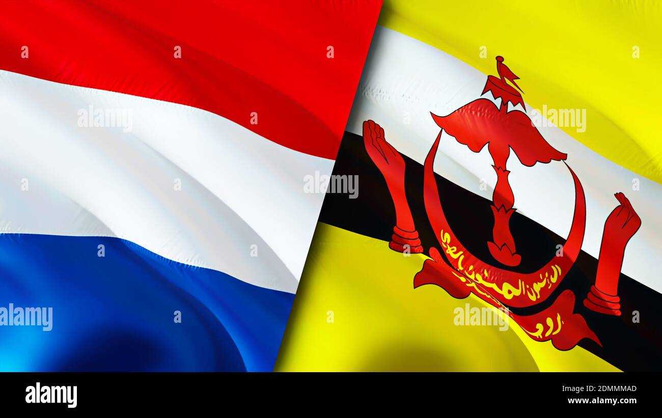 Bandiere dei Paesi Bassi e del Brunei. Progettazione di bandiere ondulate 3D. Paesi Bassi Brunei bandiera, foto, sfondo. Immagine Olanda vs Brunei,rendering 3D. Paesi Bassi Foto Stock