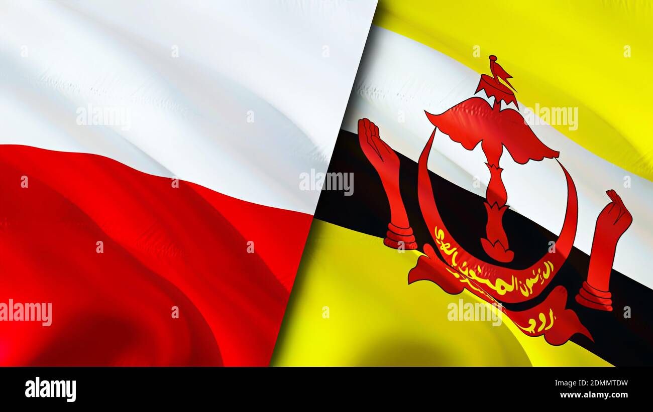 Bandiere della Polonia e del Brunei. Progettazione di bandiere ondulate 3D. Polonia Brunei bandiera, foto, sfondo. Immagine Polonia vs Brunei, rendering 3D. Polonia Brunei relazioni a Foto Stock