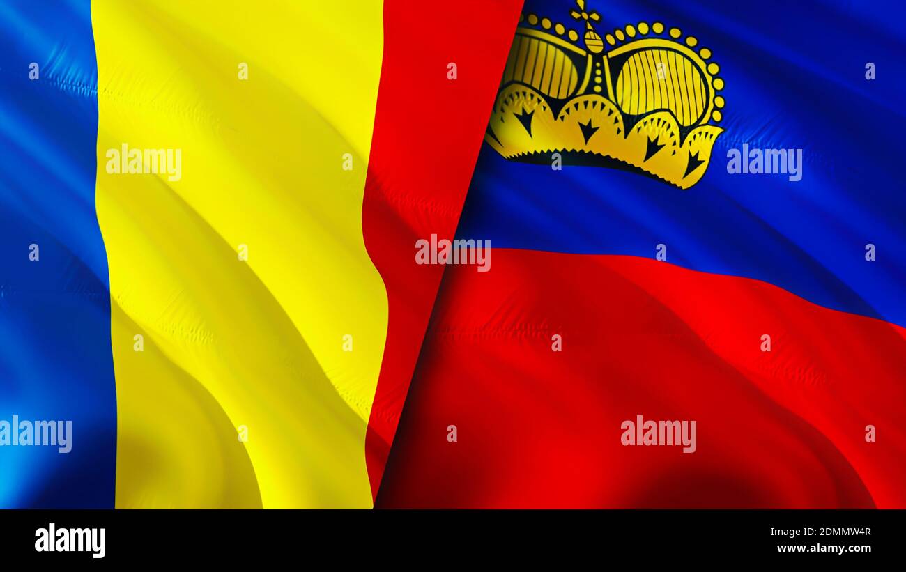 Bandiere della Romania e del Liechtenstein. Progettazione di bandiere ondulate 3D. Romania Liechtenstein bandiera, foto, sfondo. Immagine Romania vs Liechtenstein,rendering 3D. R Foto Stock